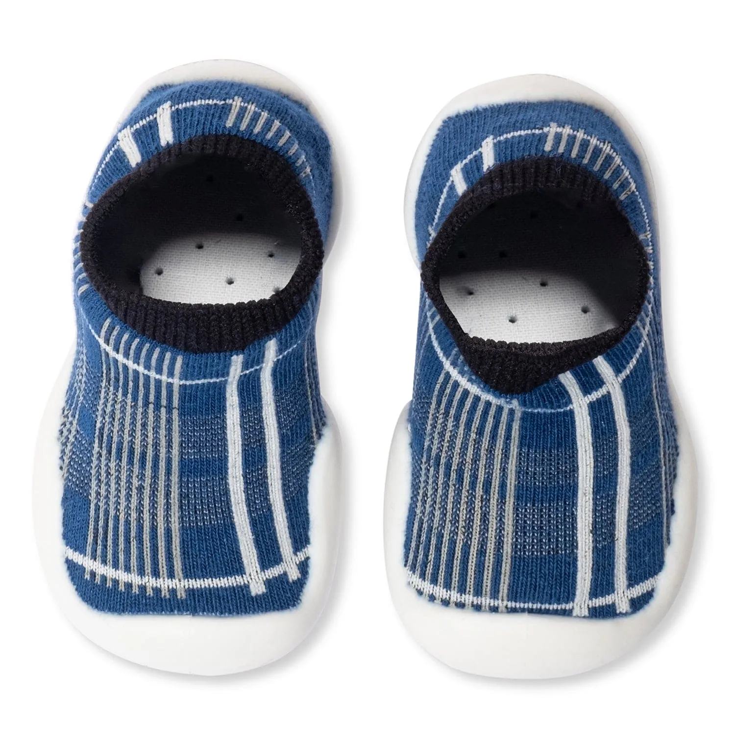 Baby Moo Checked Anti-Skid Rubber Sole Comfy Slip-On Sock Shoes - Blue