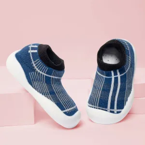 Baby Moo Checked Anti-Skid Rubber Sole Comfy Slip-On Sock Shoes - Blue