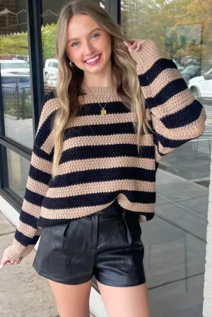 Chunky Knit Striped Sweater-Taupe/Black