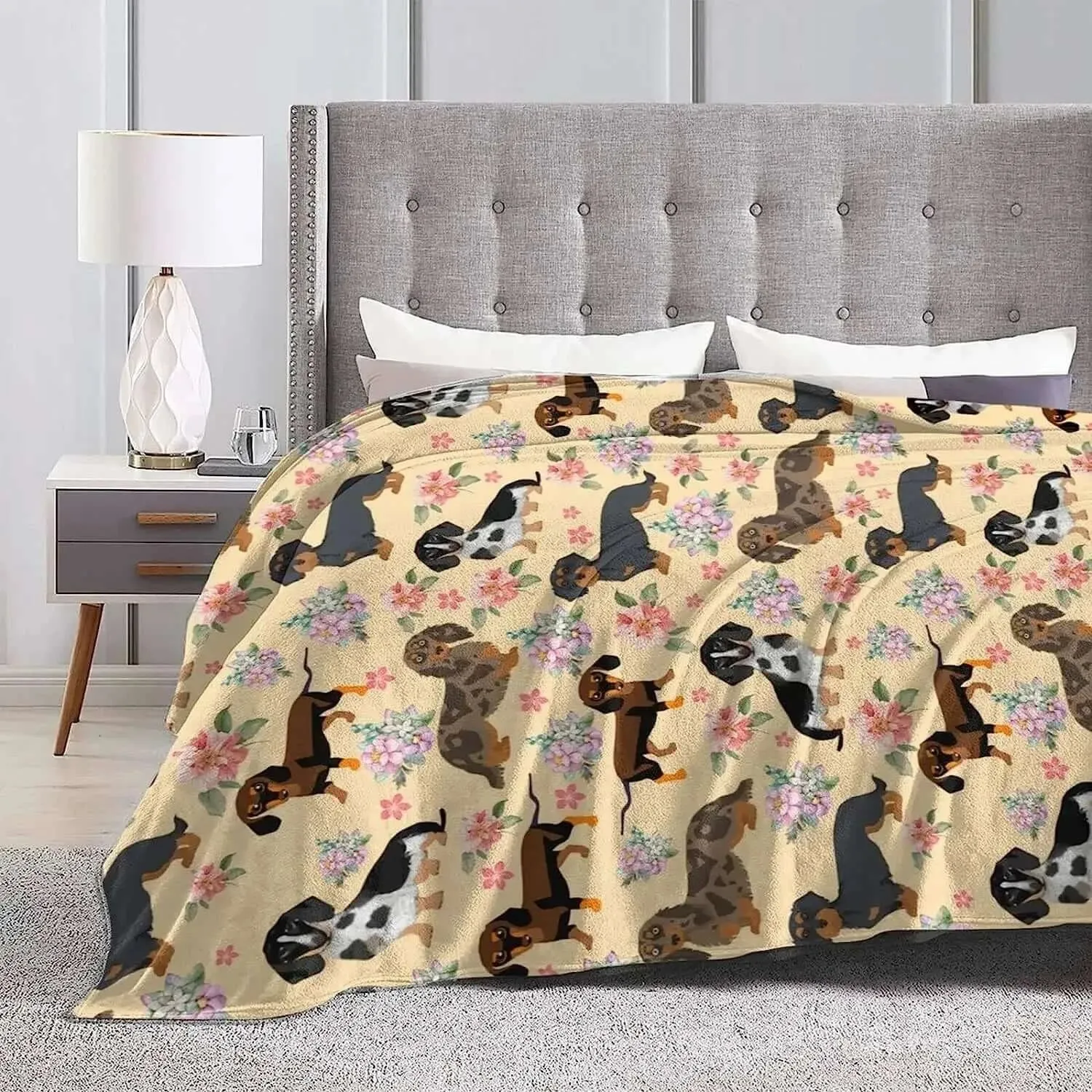 Dachshund Sausage Dogs Floral Flannel Throw Blanket