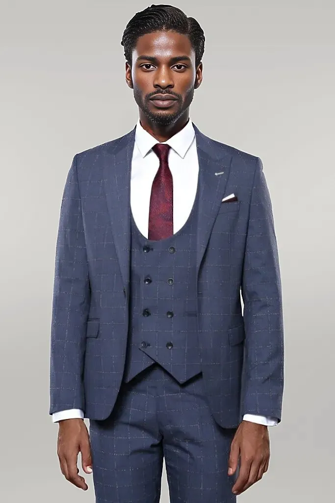 Dark Blue Vested Checked Men Suit | Wessi