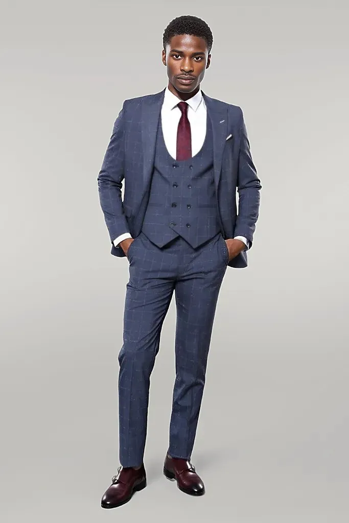 Dark Blue Vested Checked Men Suit | Wessi