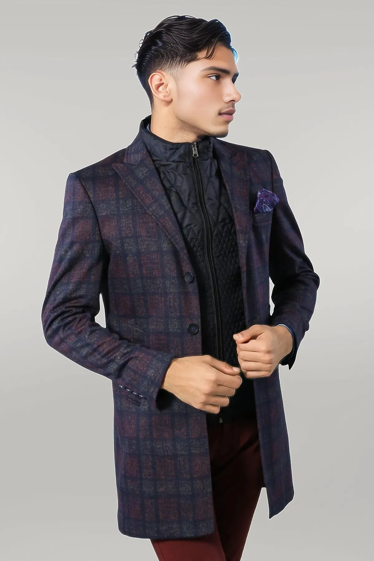 Double-Breasted Plaid Burgundy Men Coat - Wessi