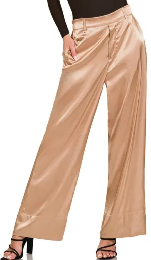 Eva Loose Stretch Wide Leg Silky Pants - Champagne