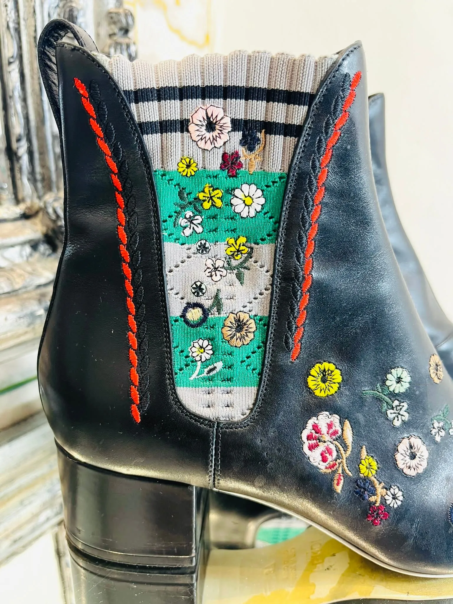 Fendi Floral Embroidered Leather Ankle Boots. Size 37