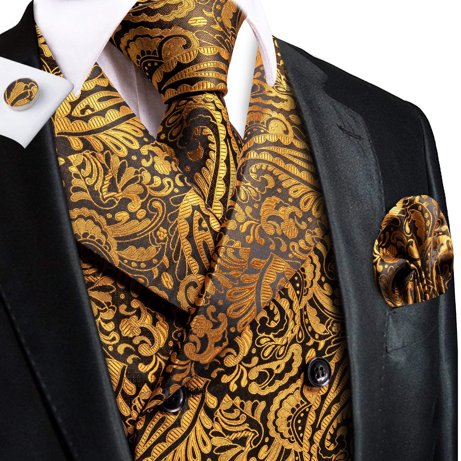 Gold Paisley Men's Collar Vest Hanky Cufflinks Tie Set