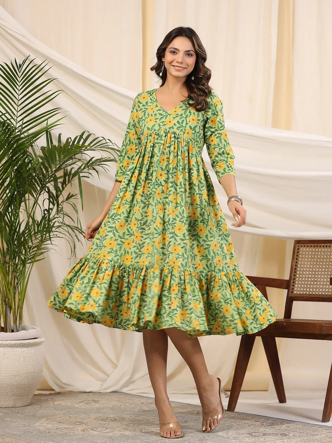 Green Handblock Printed Cotton Dress Baisa