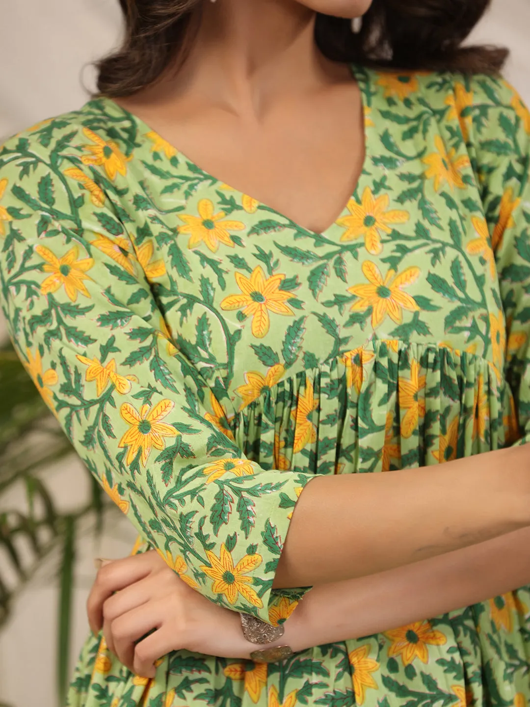 Green Handblock Printed Cotton Dress Baisa