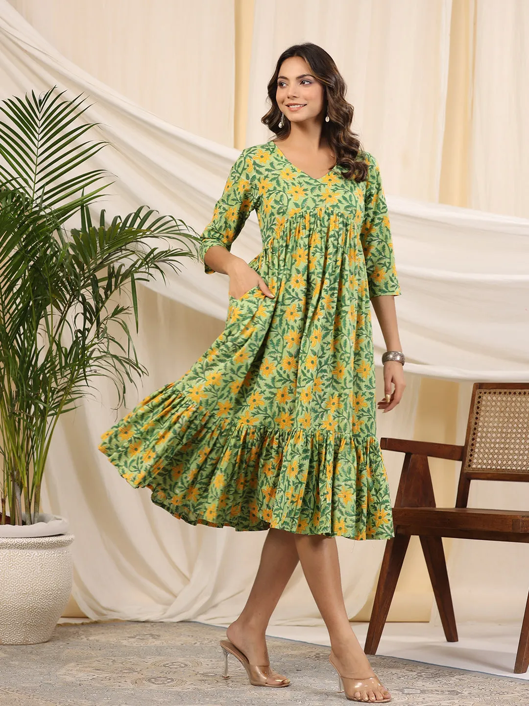 Green Handblock Printed Cotton Dress Baisa