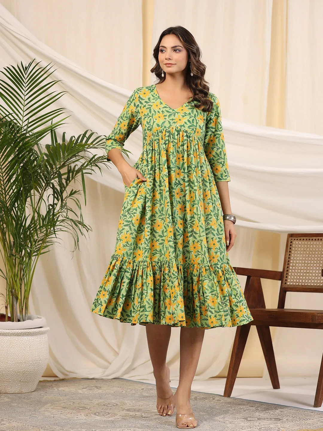 Green Handblock Printed Cotton Dress Baisa