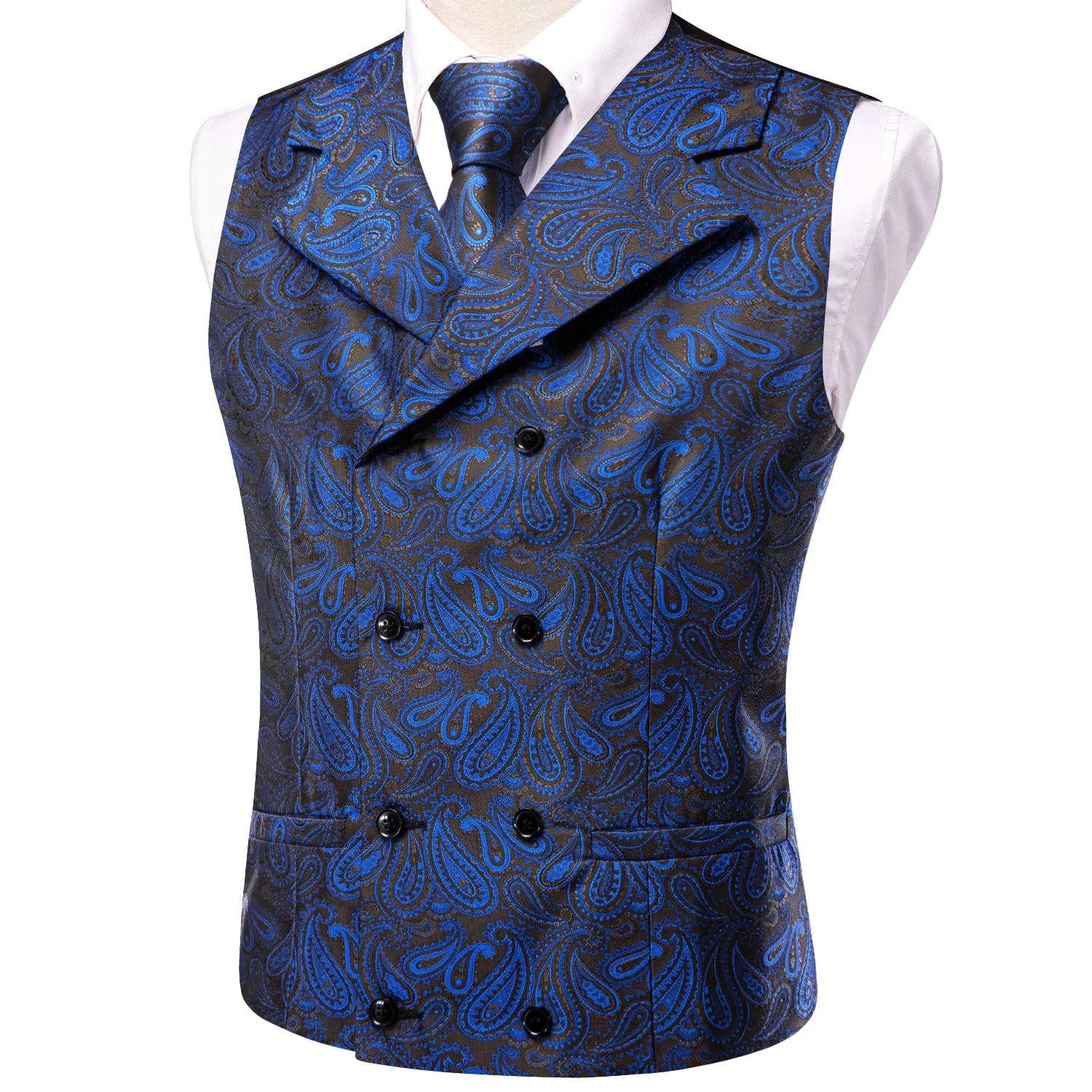 Hi-Tie Black Blue Paisley Men's Collar Vest Hanky Cufflinks Tie Set