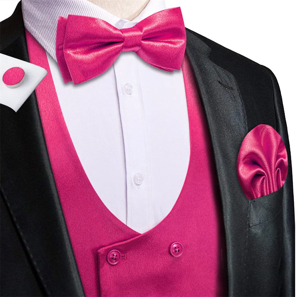 Hi-Tie Cerise Pink Solid U-Neck Double-Breasted Vest Necktie Bowtie Set