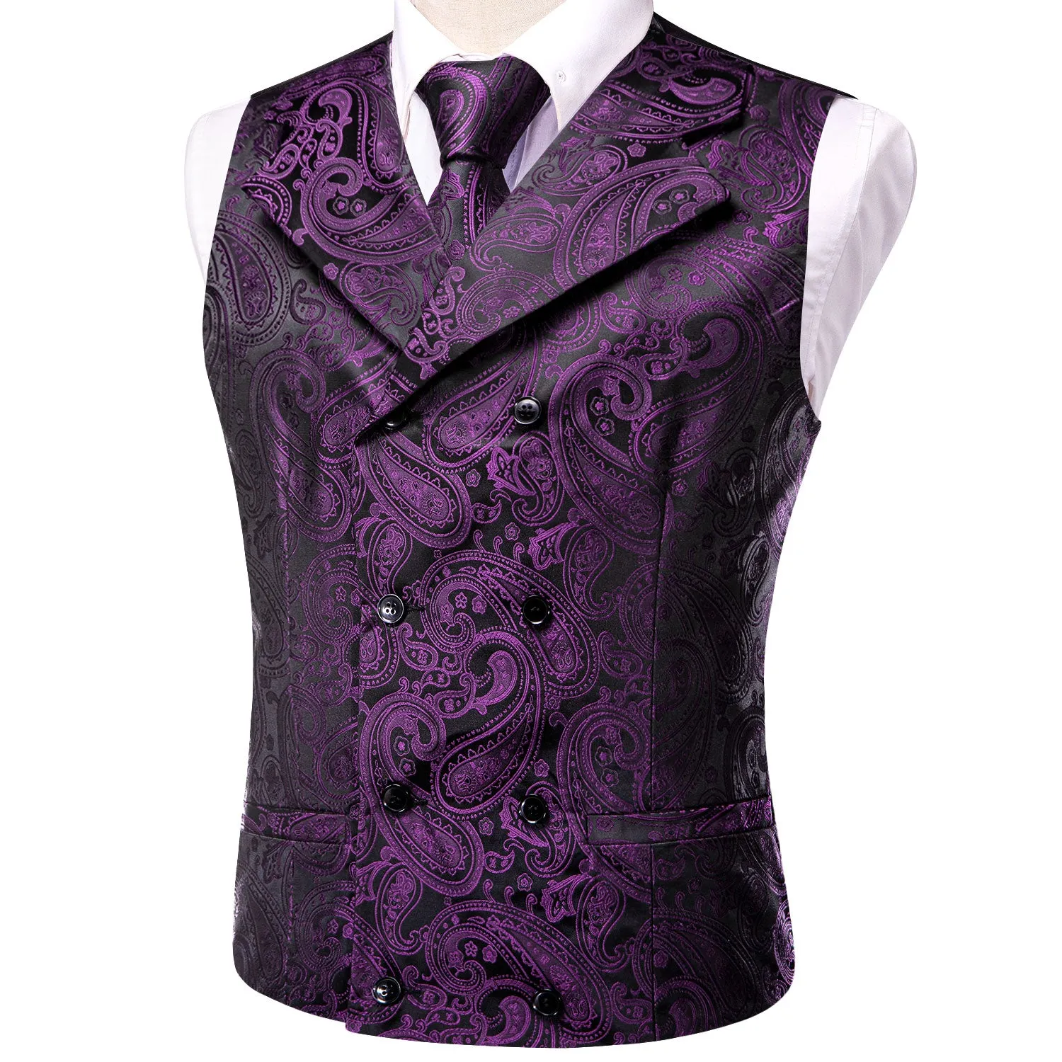 Hi-Tie Deep Purple Paisley Men's Collar Vest Hanky Cufflinks Tie Set