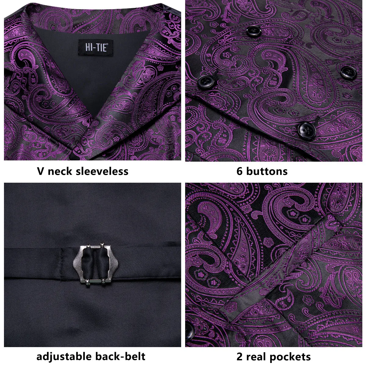 Hi-Tie Deep Purple Paisley Men's Collar Vest Hanky Cufflinks Tie Set