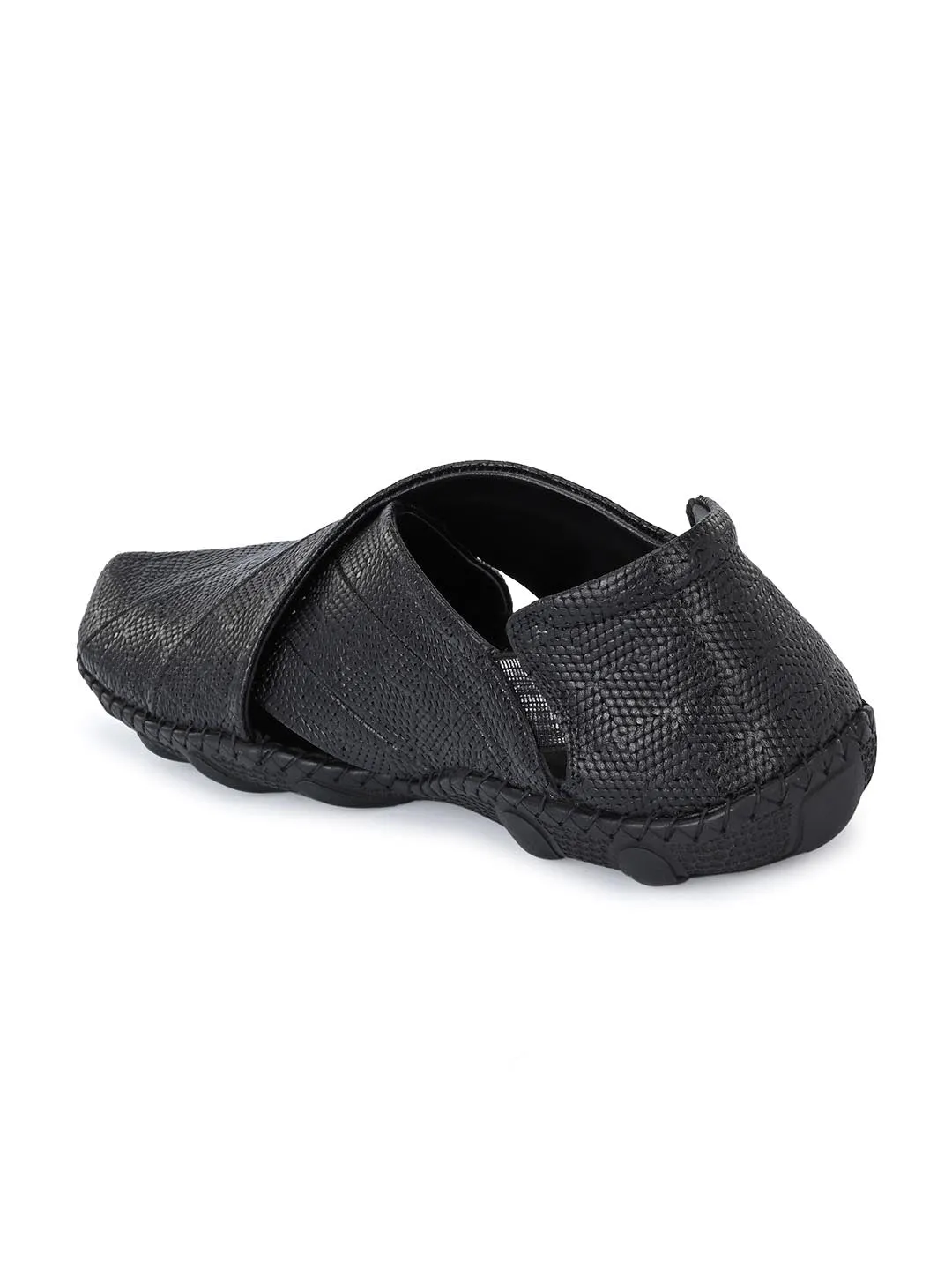 Hitz Men's Black Leather Slip-On Shoe Style Sandals