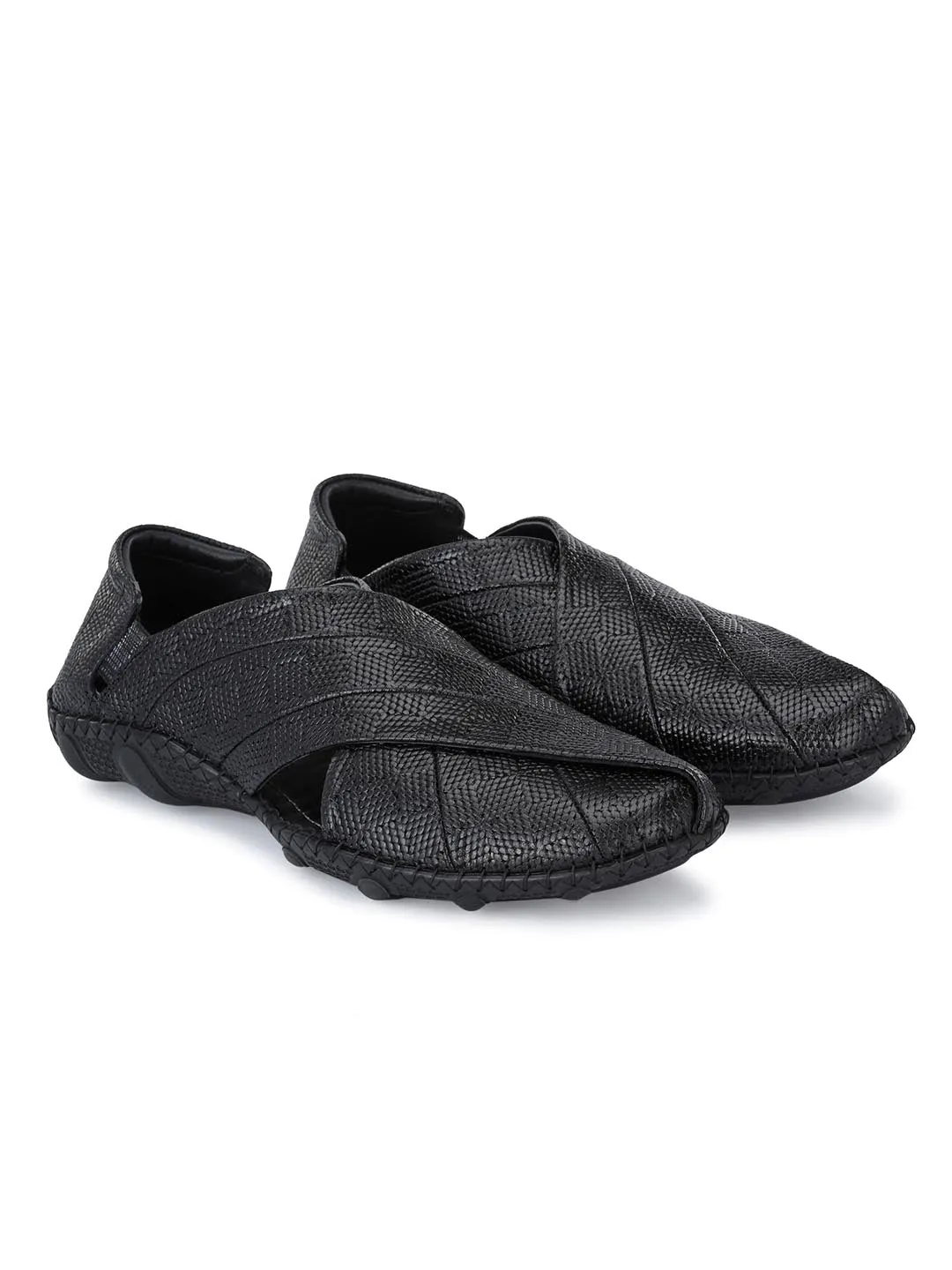 Hitz Men's Black Leather Slip-On Shoe Style Sandals