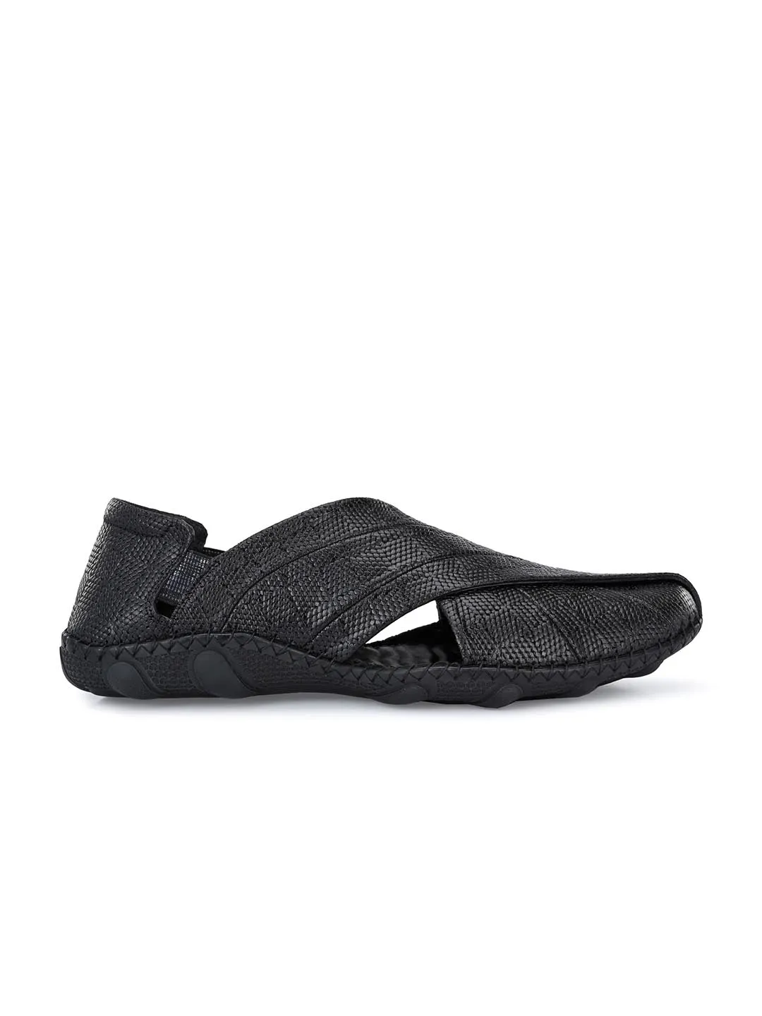 Hitz Men's Black Leather Slip-On Shoe Style Sandals