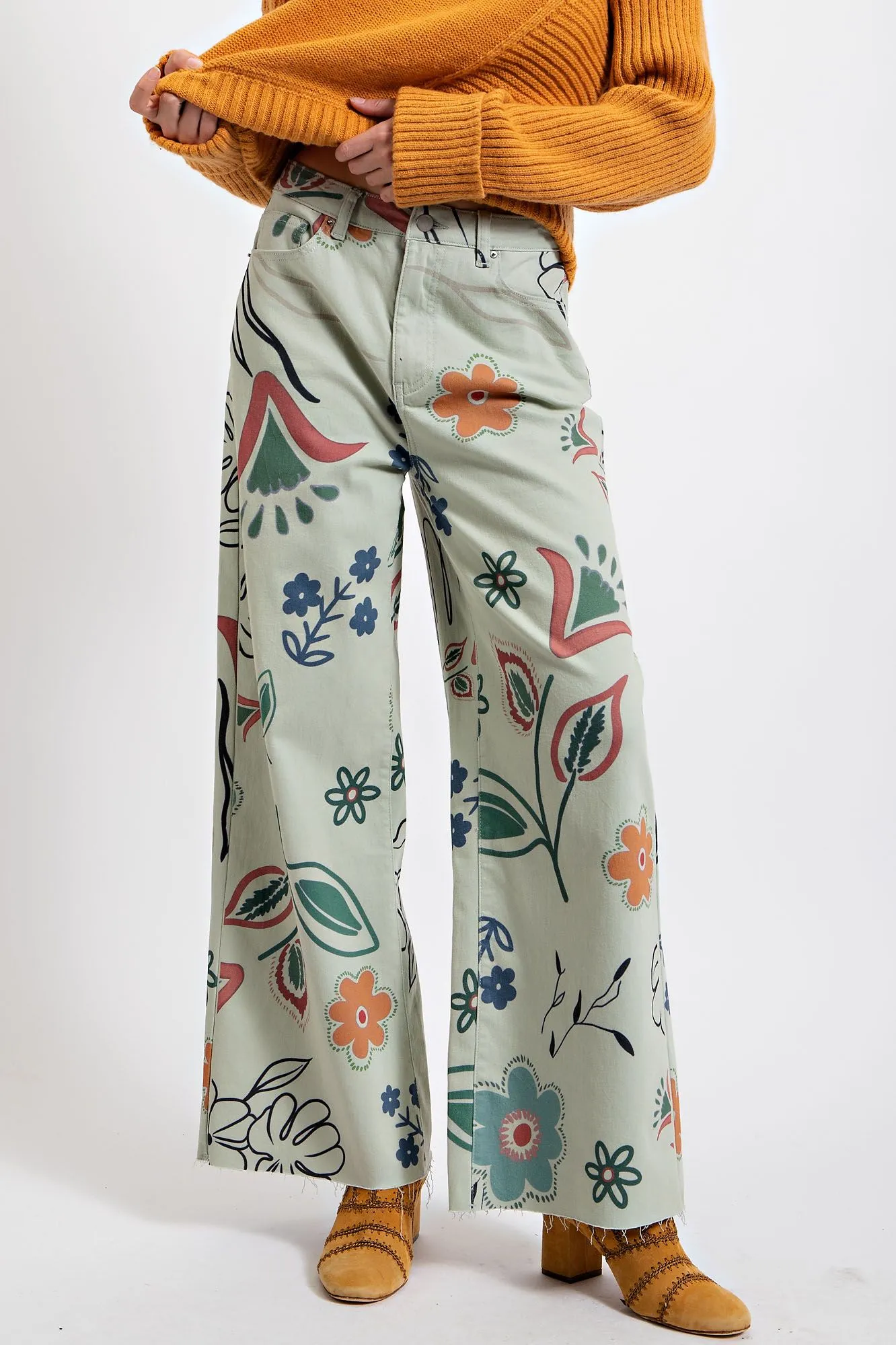 Khaki Fun Print Wide Leg Pants