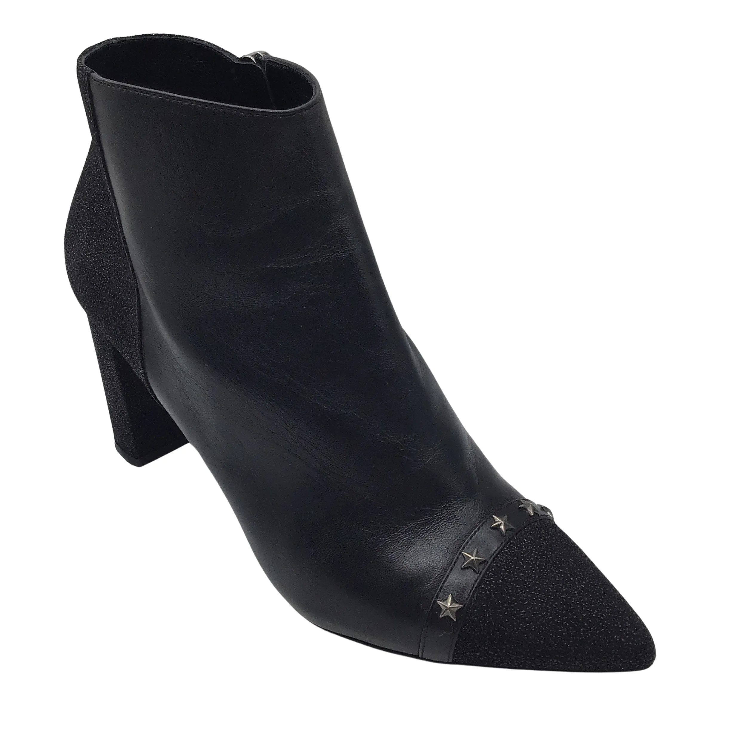 Longchamp Black Star Studded Pointed Toe Leather Ankle Boots