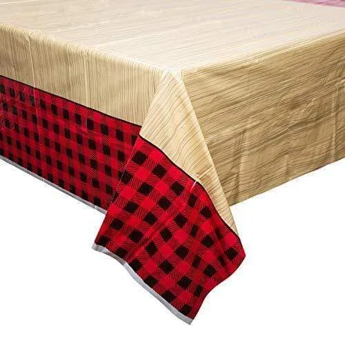 Lumberjack Party Supplies - Red and Black Buffalo Plaid &Wood Plastic Table Cover, 54" x 84" (2 Pack)