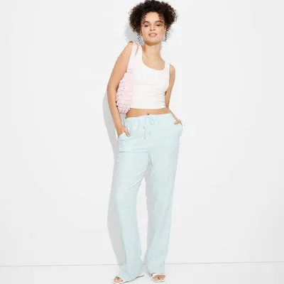 New - Women's Mid-Rise Relaxed Linen Pants - Wild Fable Light Blue S