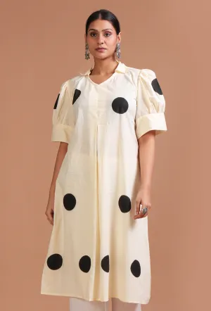 Off White & Black Cotton Printed Dress