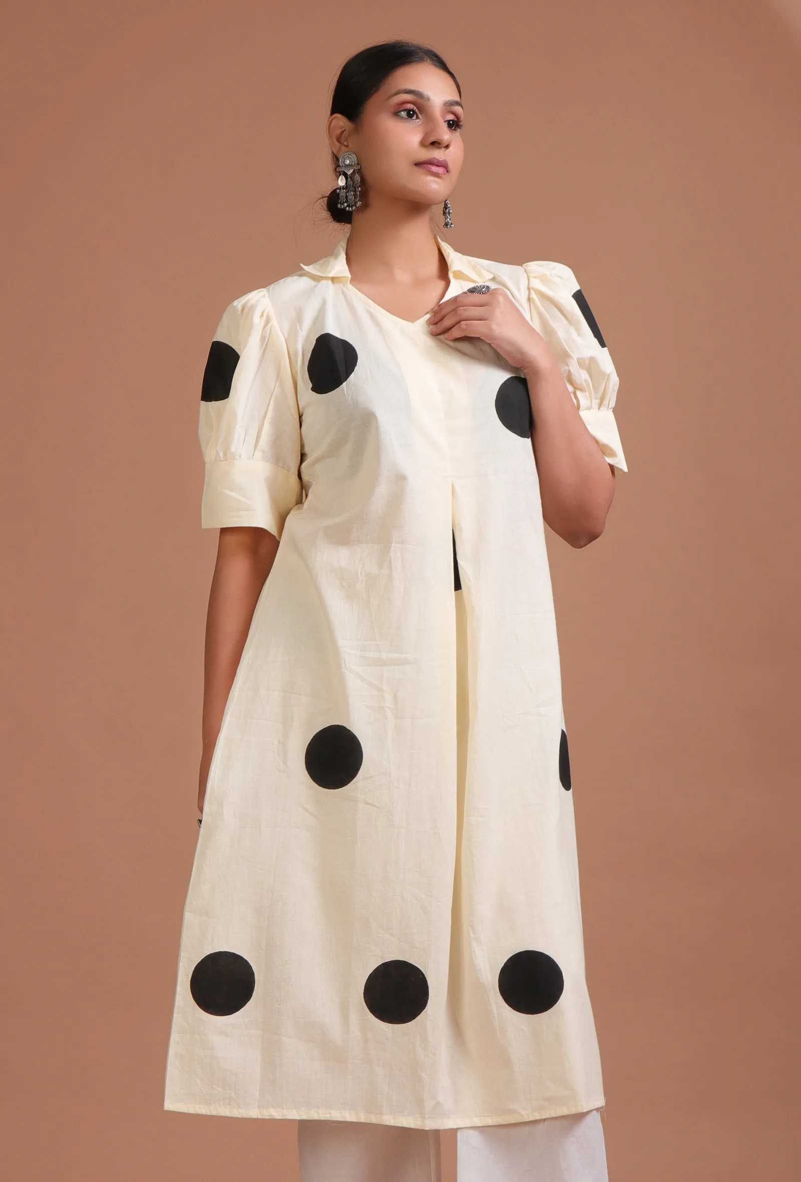 Off White & Black Cotton Printed Dress