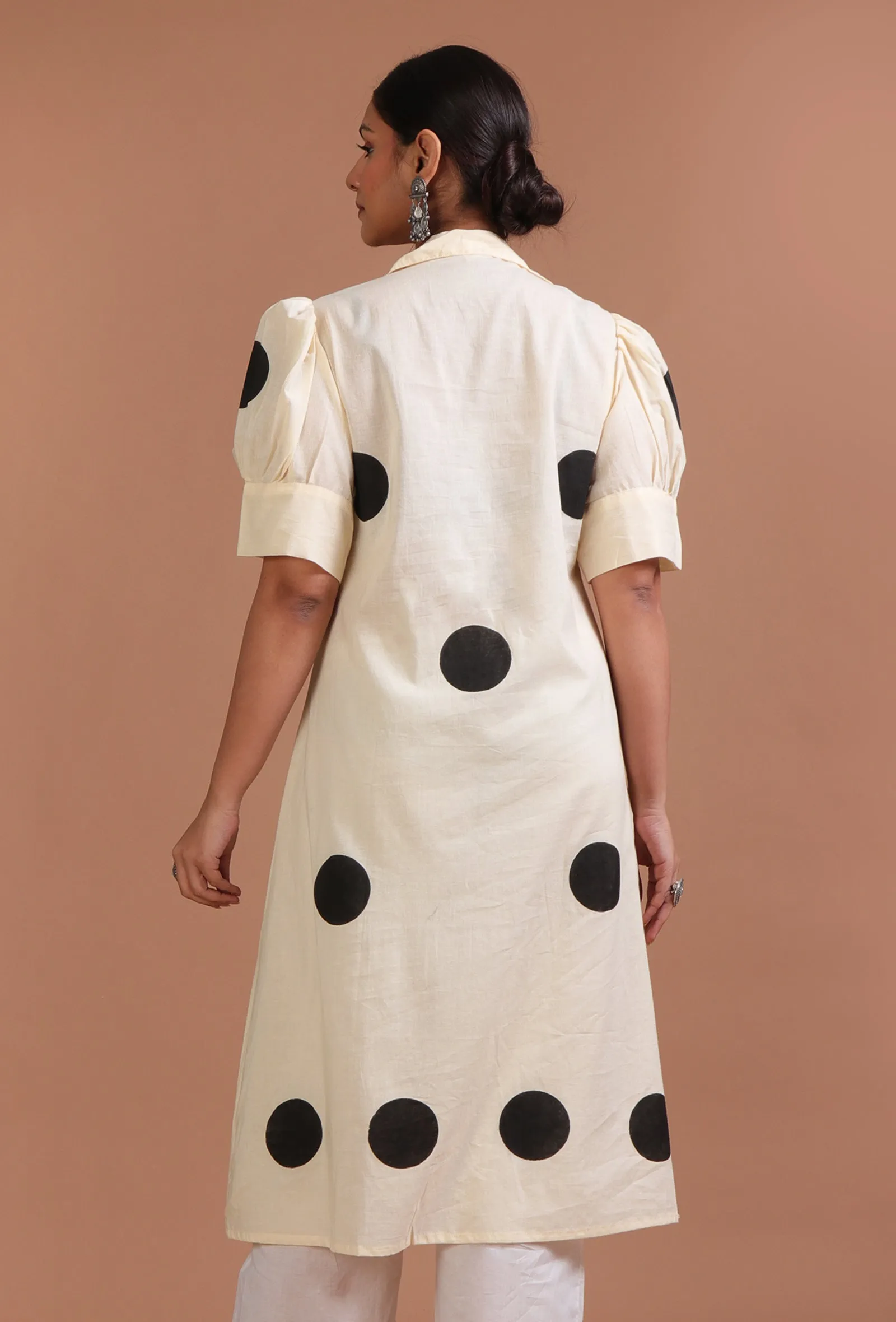 Off White & Black Cotton Printed Dress