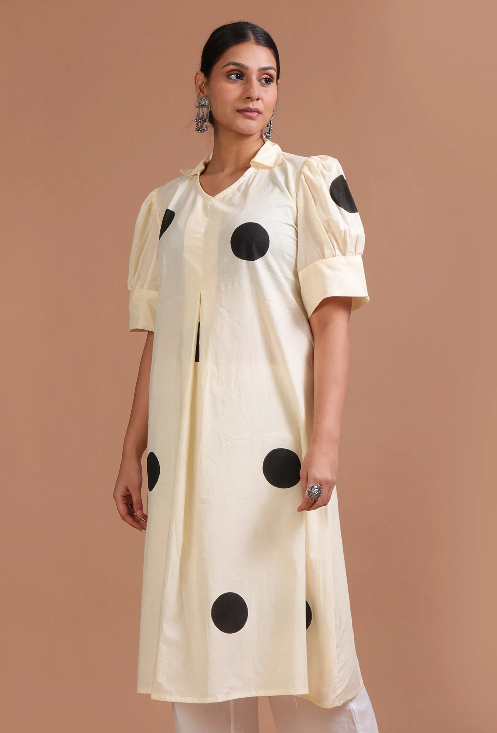 Off White & Black Cotton Printed Dress