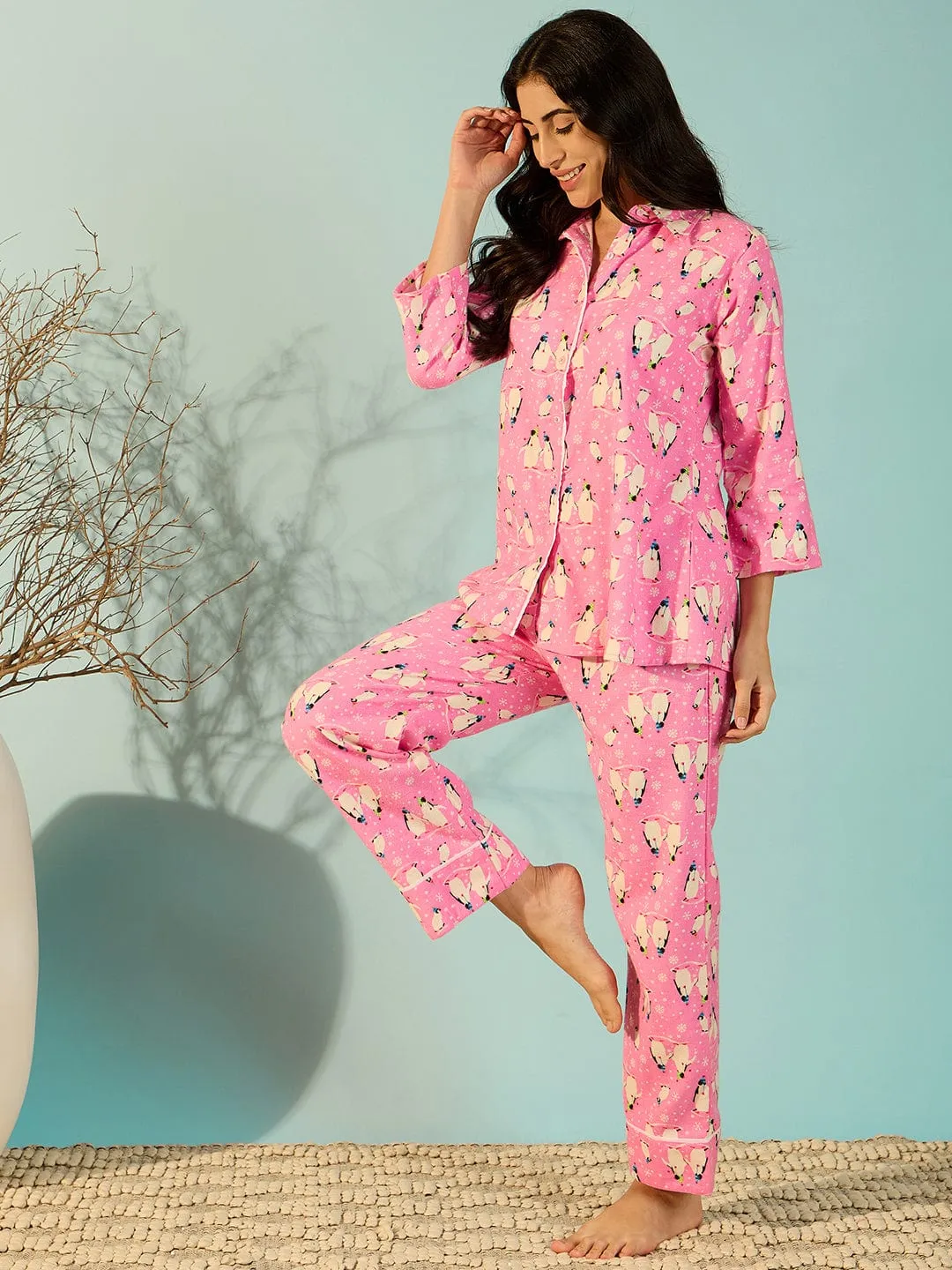 Penguin Pink Flannel Soft Night Suit Set For Women