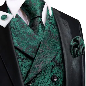 Pine Green Paisley Men's Collar Vest Hanky Cufflinks Tie Set