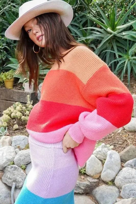 Rainbow striped oversized chunky knit sweater