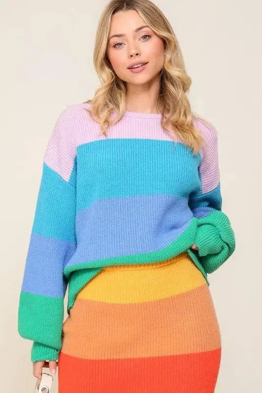 Rainbow striped oversized chunky knit sweater