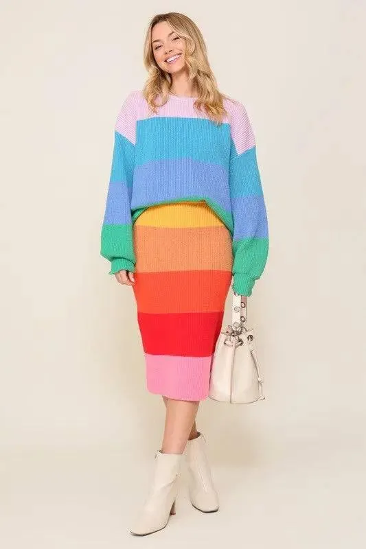 Rainbow striped oversized chunky knit sweater