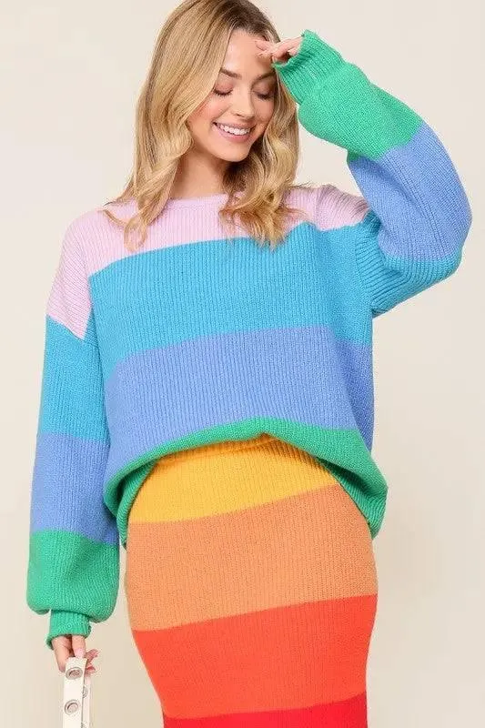 Rainbow striped oversized chunky knit sweater