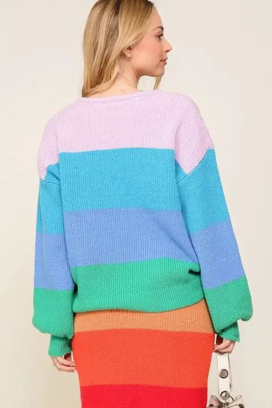 Rainbow striped oversized chunky knit sweater