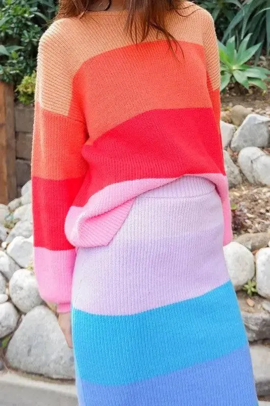 Rainbow striped oversized chunky knit sweater