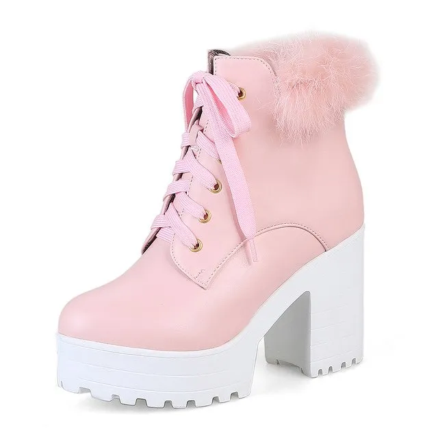 real fur short thick square High Heels Ankle Boots