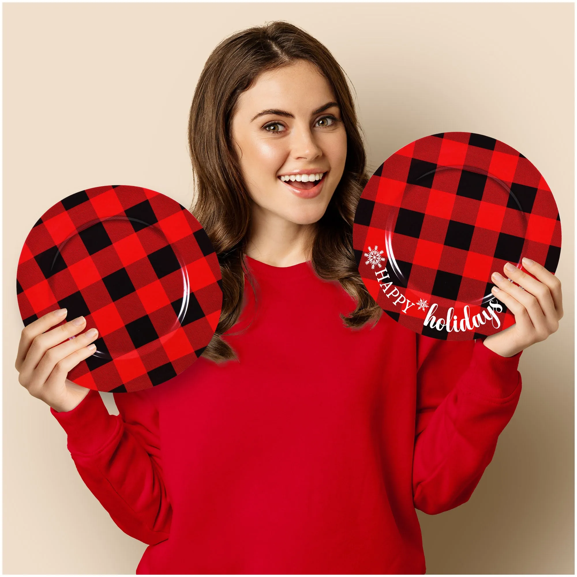 Red and Black Buffalo Plaid Assorted Christmas Plate Chargers For Holiday Home Decor (Set of 4)