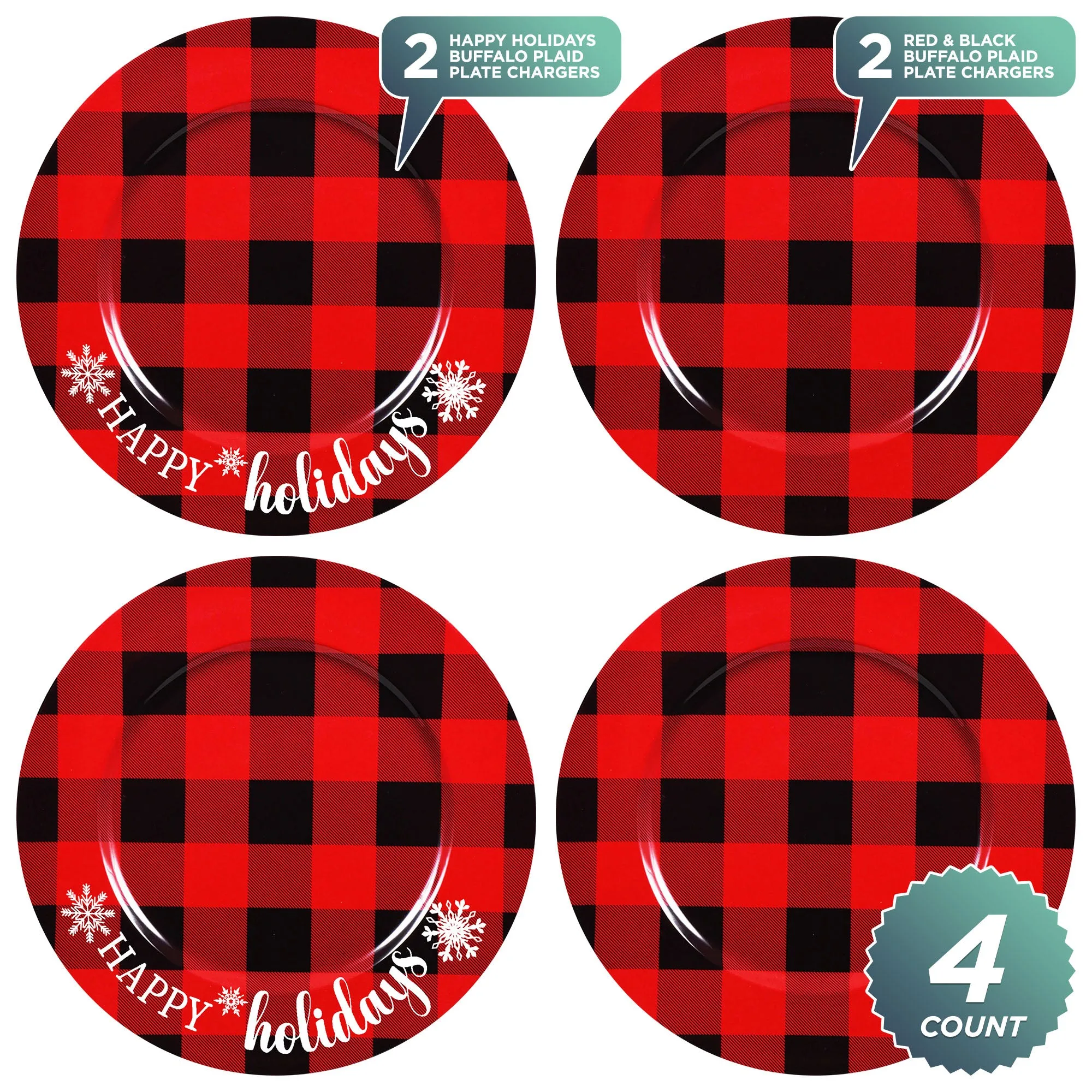 Red and Black Buffalo Plaid Assorted Christmas Plate Chargers For Holiday Home Decor (Set of 4)