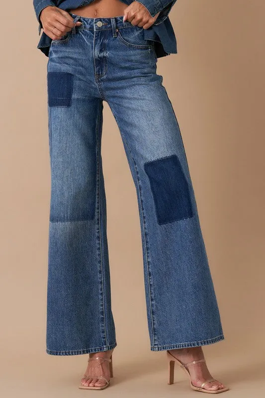 *Relaxed Wide Leg Patchwork Jeans