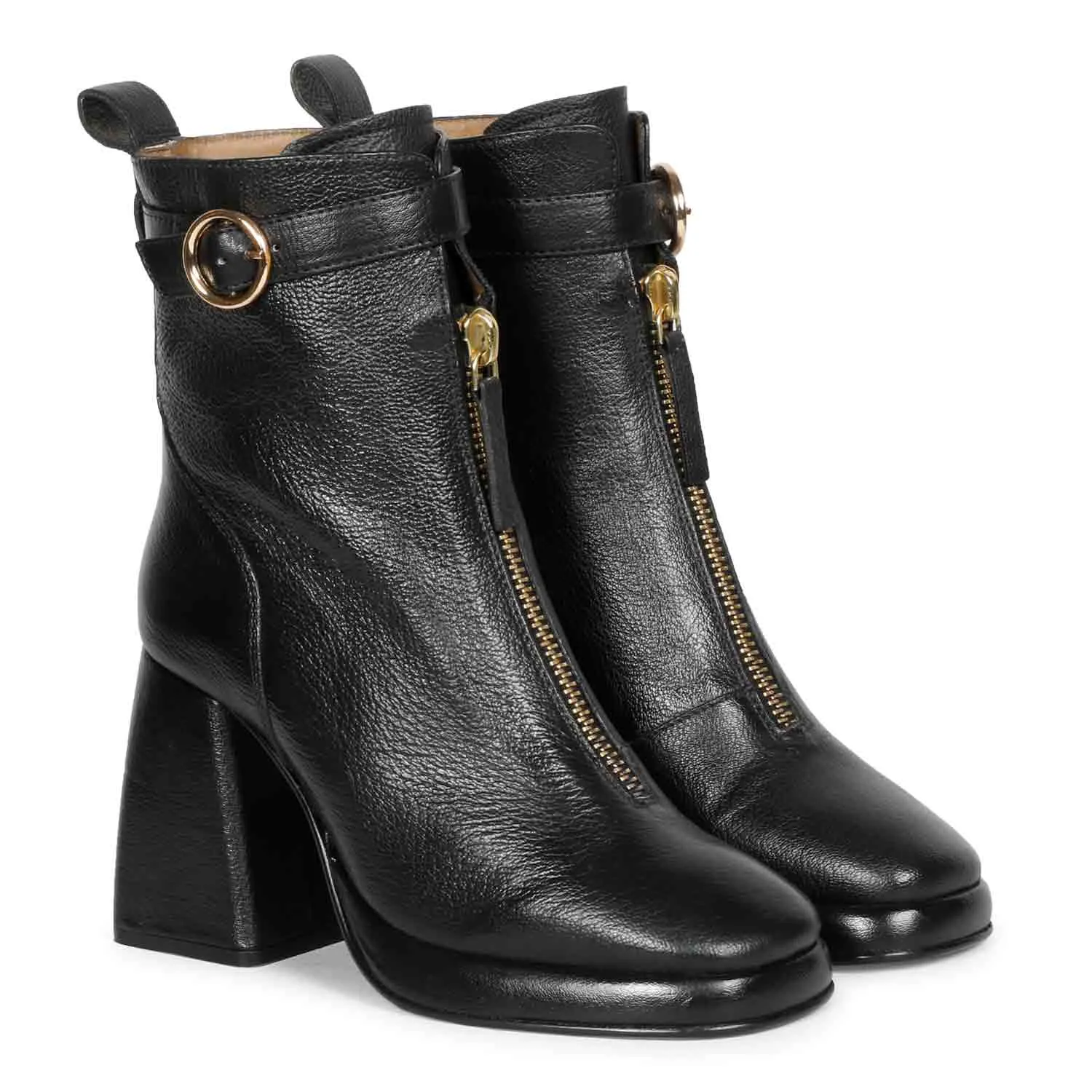 Saint Henriette Black Leather Front Zipper High Ankle Boots