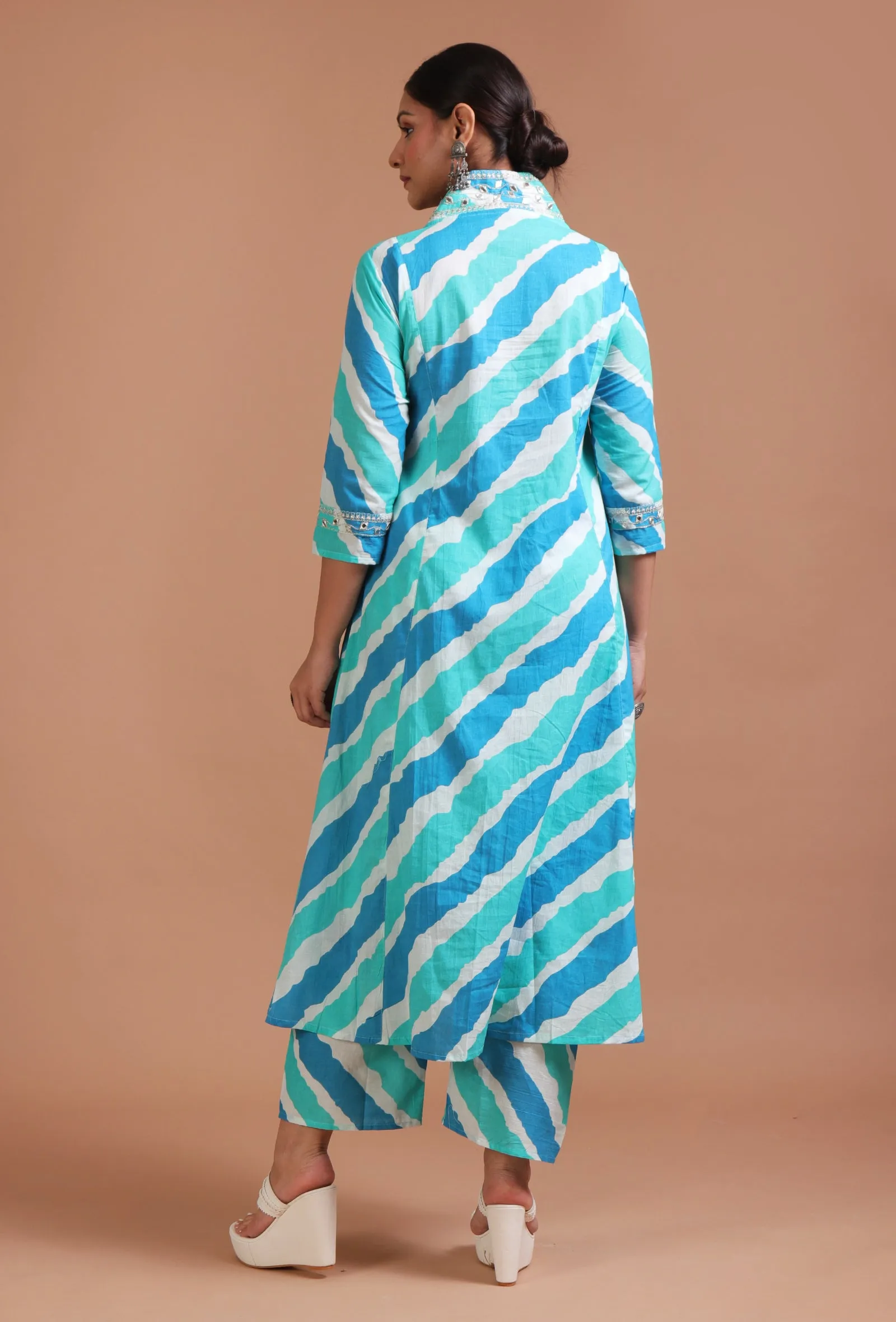 Set Of 2: Sky Blue Cotton Plain Dress & Pant Set