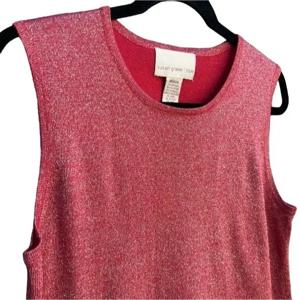 Susan Graver Style Sleeveless Rose Metallic Sparkle Knit Women's Shirt Blouse Top