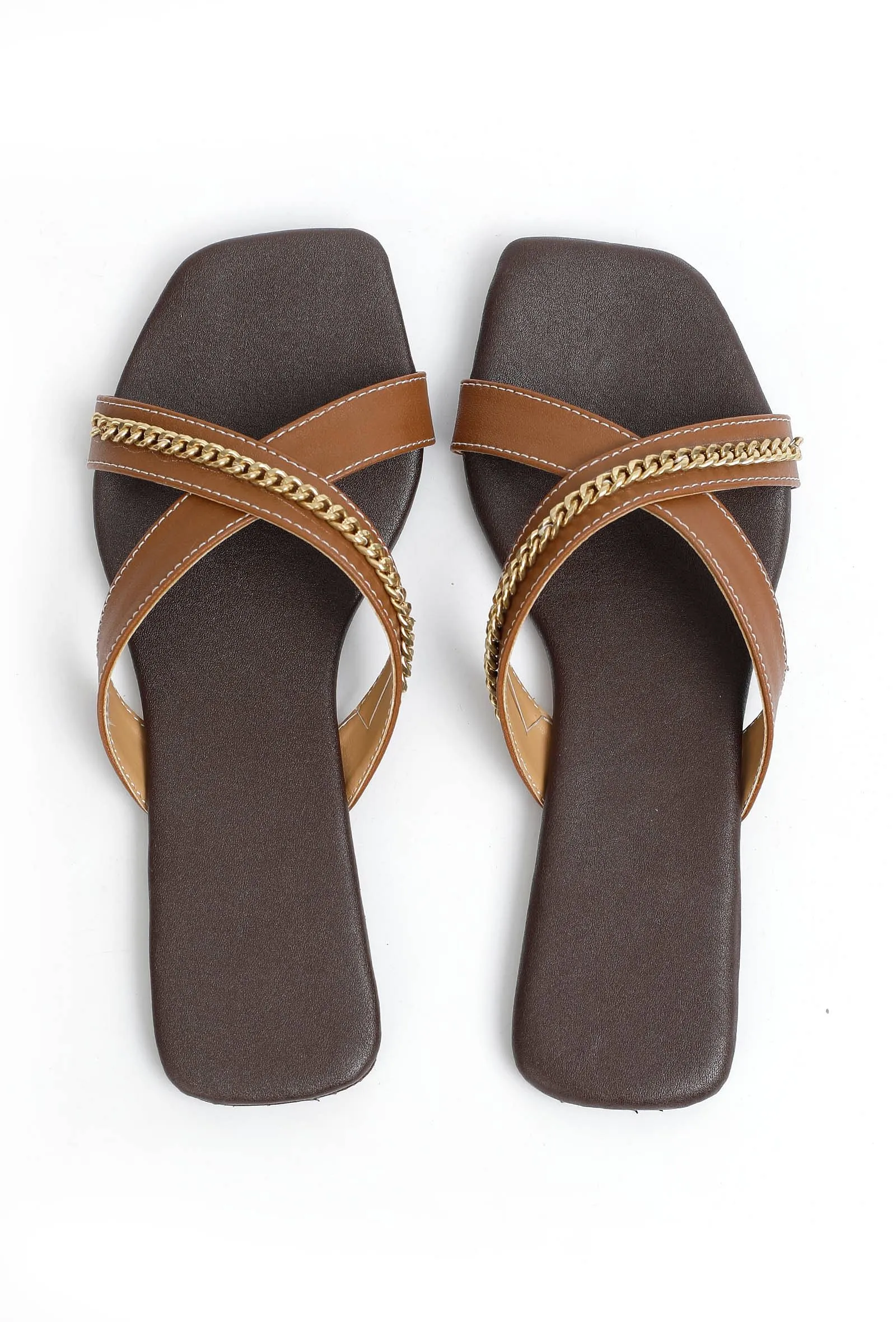 Tan Brown Criss Cross Cruelty-Free Leather Flats