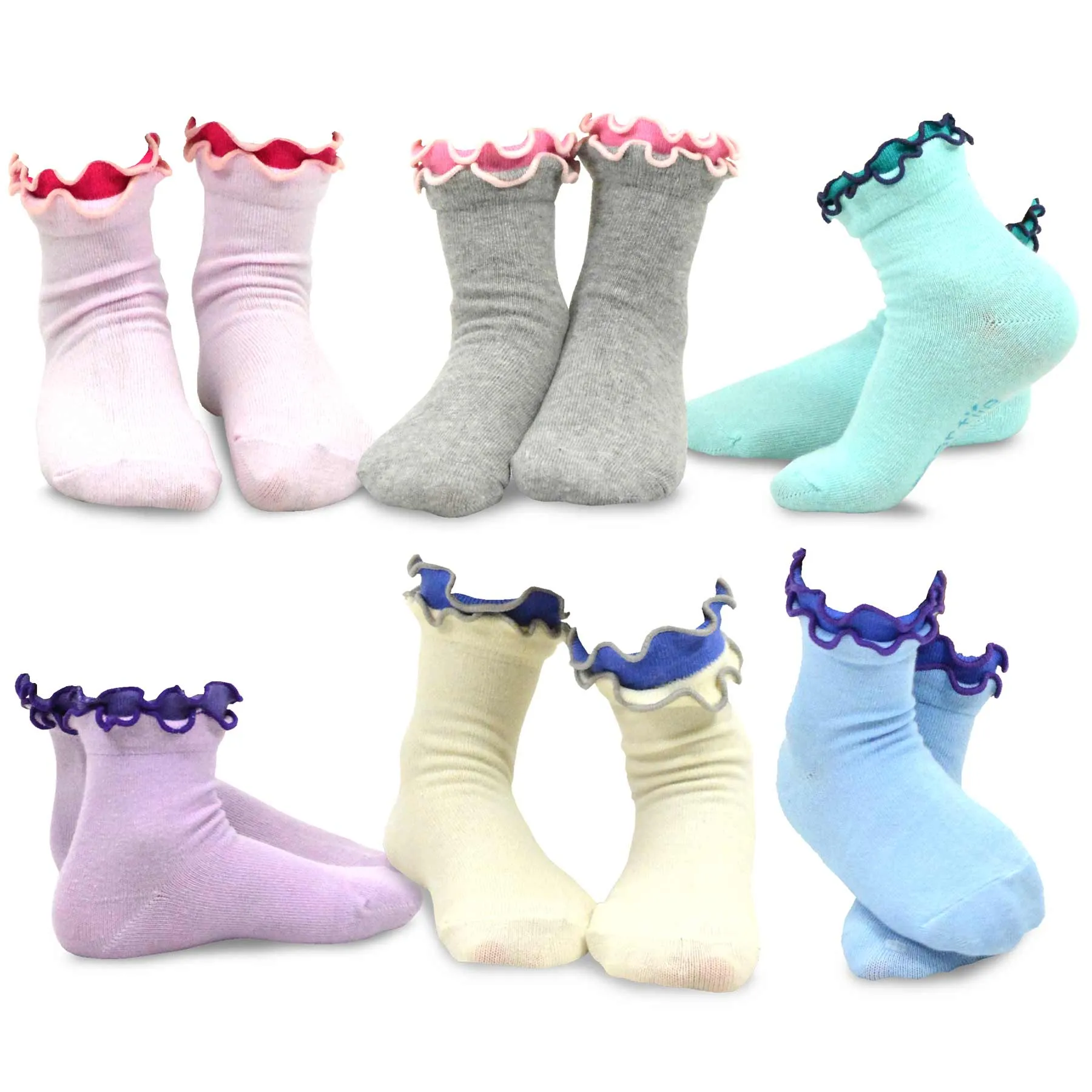 TeeHee Socks Kid's Casual Cotton Short Crew Double Ruffle Solid 6-Pack (70303)