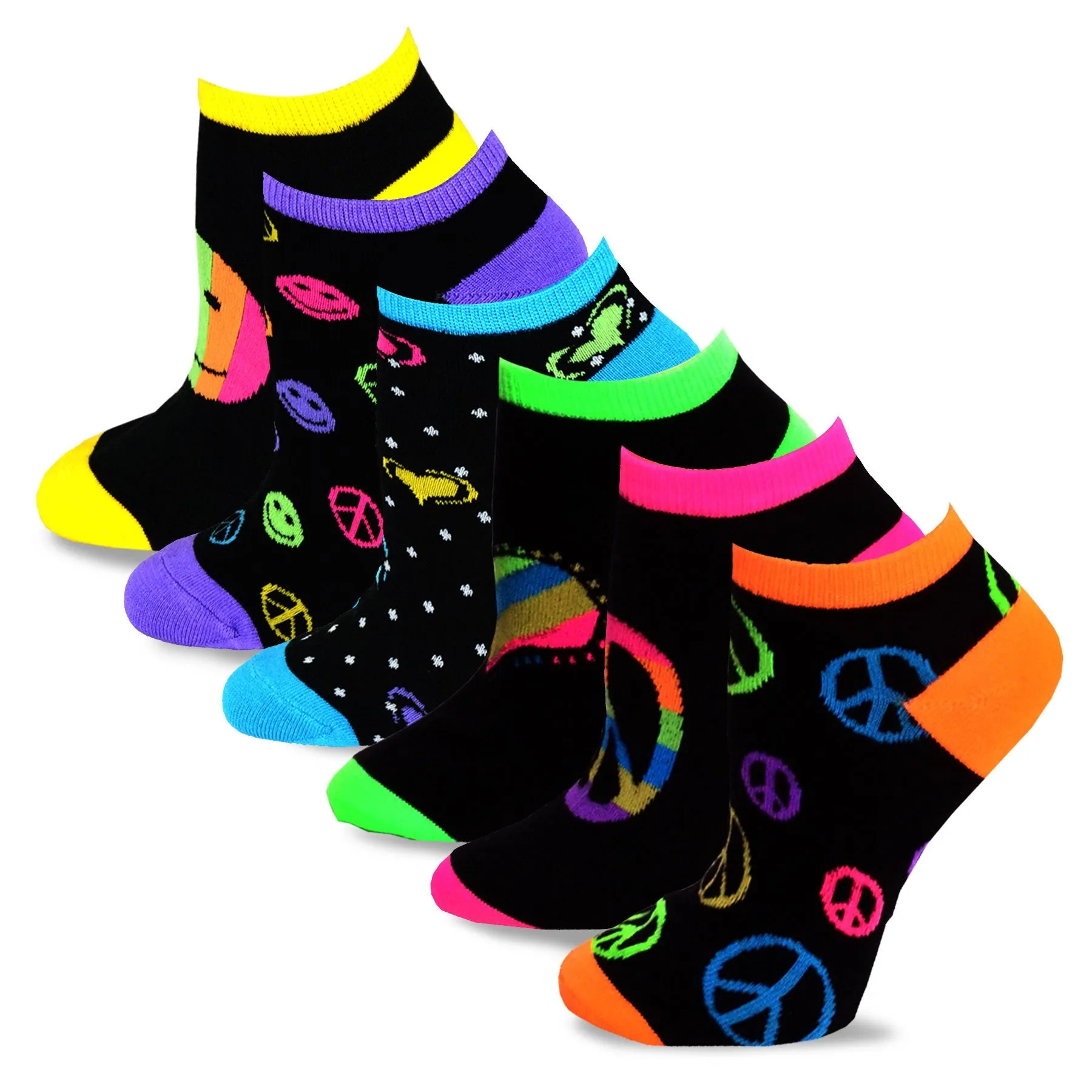 TeeHee Socks Women's Casual Acrylic No Show Black Neon 18-Pack (12067)