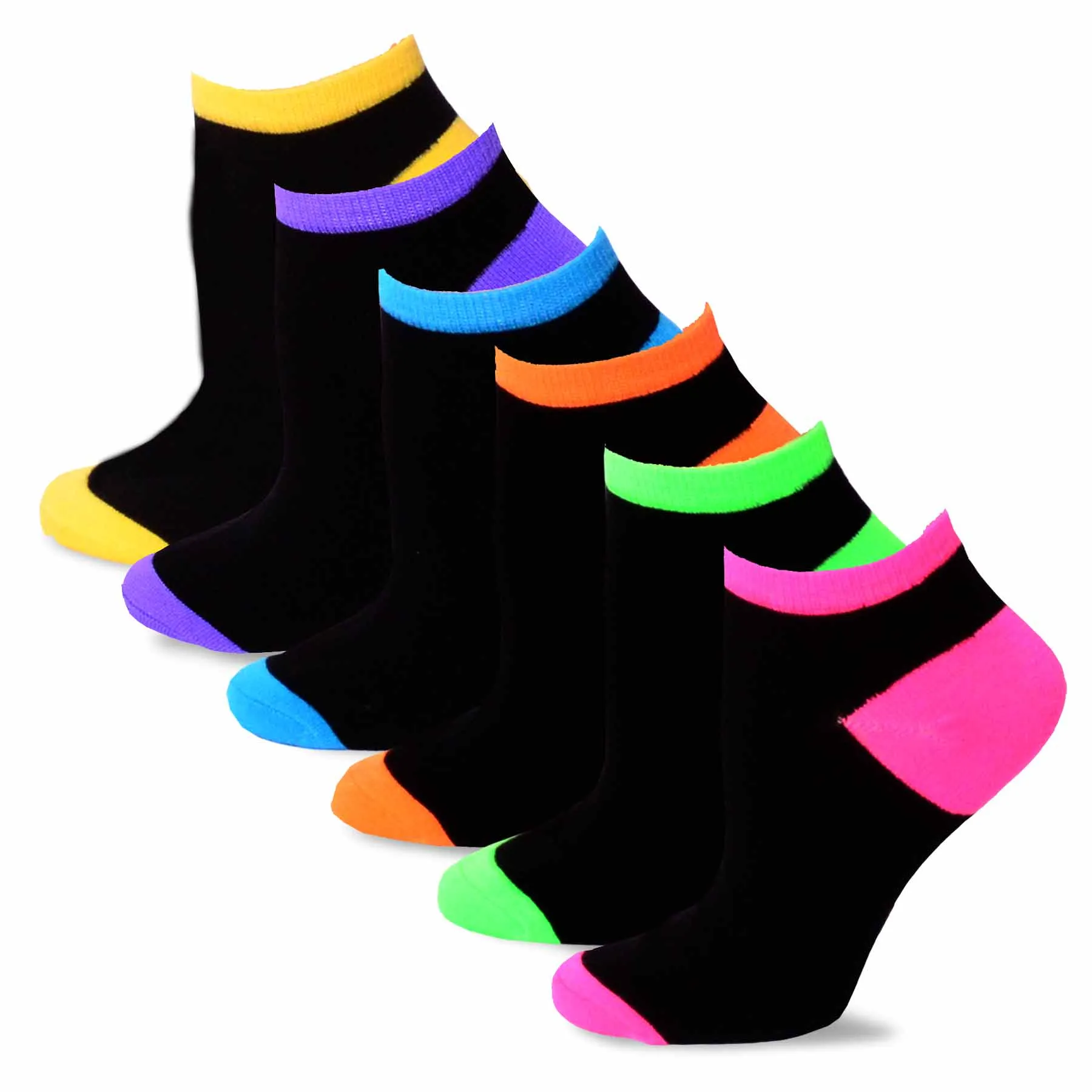 TeeHee Socks Women's Casual Acrylic No Show Black Neon 18-Pack (12067)