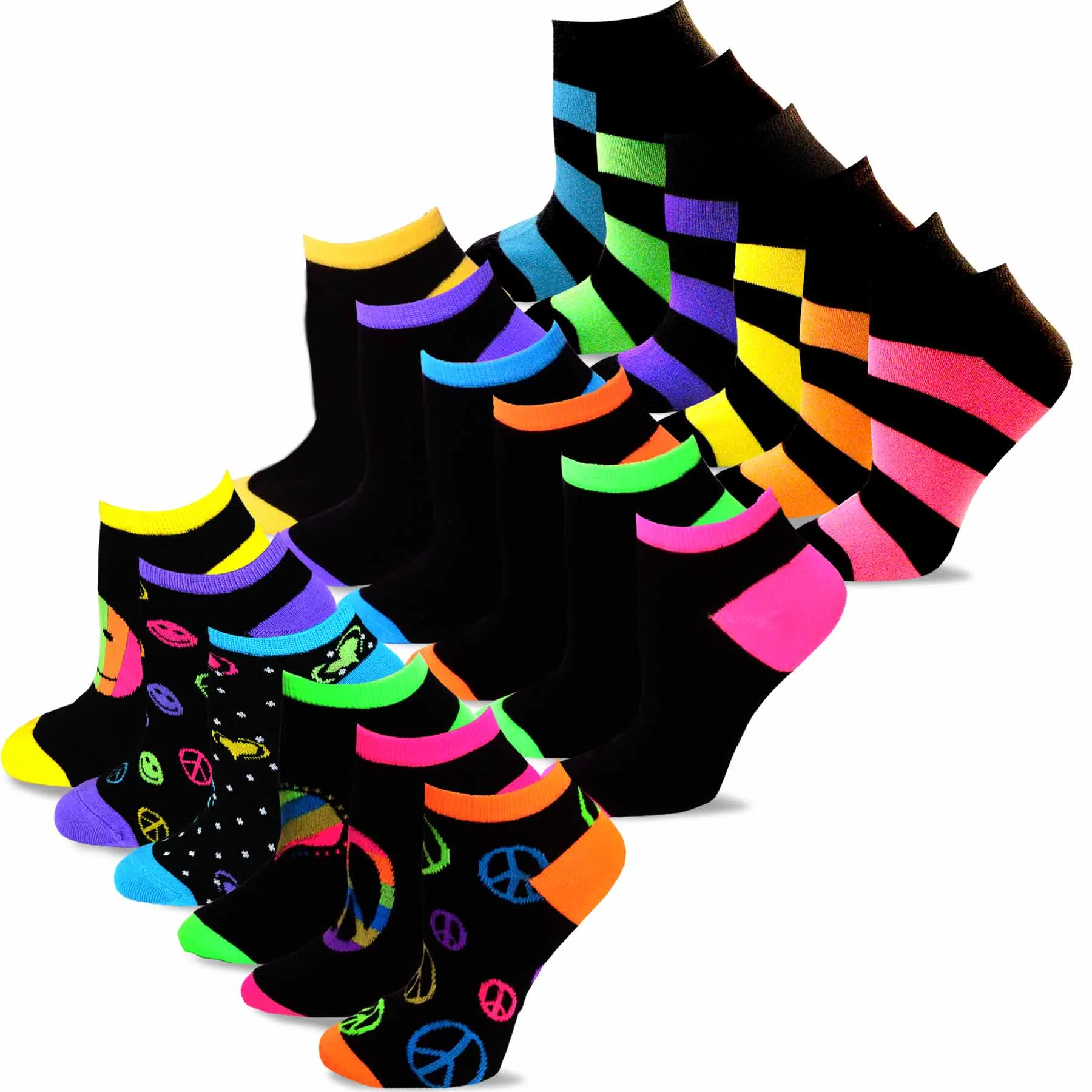 TeeHee Socks Women's Casual Acrylic No Show Black Neon 18-Pack (12067)