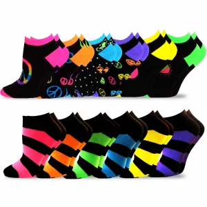 TeeHee Socks Women's Casual Acrylic No Show Neon Stripes/Heel Toe 12-pack (10215)